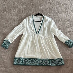 Zara White Gauze Tunic with Teal Embroidered Trim